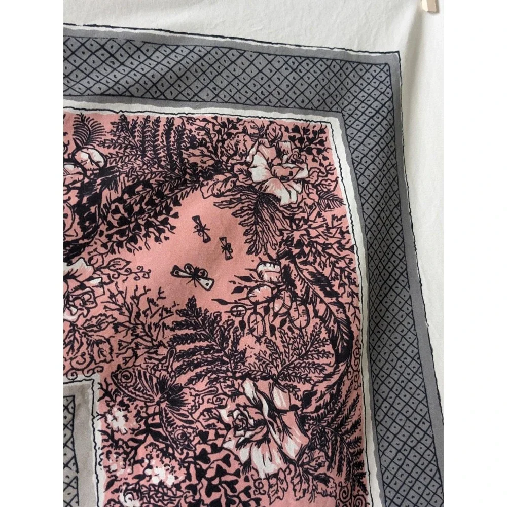 Vintage California Hand Prints Tablecloth Pink Gray Botanical Butterflies 1950s